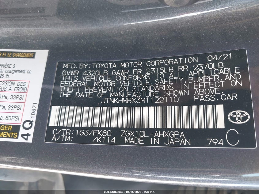 2021 Toyota C-hr VIN JTNKHMBX3M1122110 IAAI salvage auction — FRONT END, Wait Title, sold $4,750 on 2026-07-09 (photo 9)