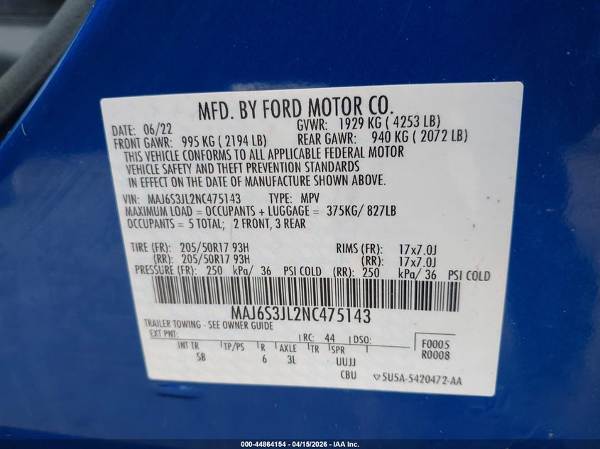 2022 Ford Ecosport VIN MAJ6S3JL2NC475143 IAAI salvage auction — ROLLOVER, Salvage (Ohio), sold $475 on 2026-07-21 (photo 9)