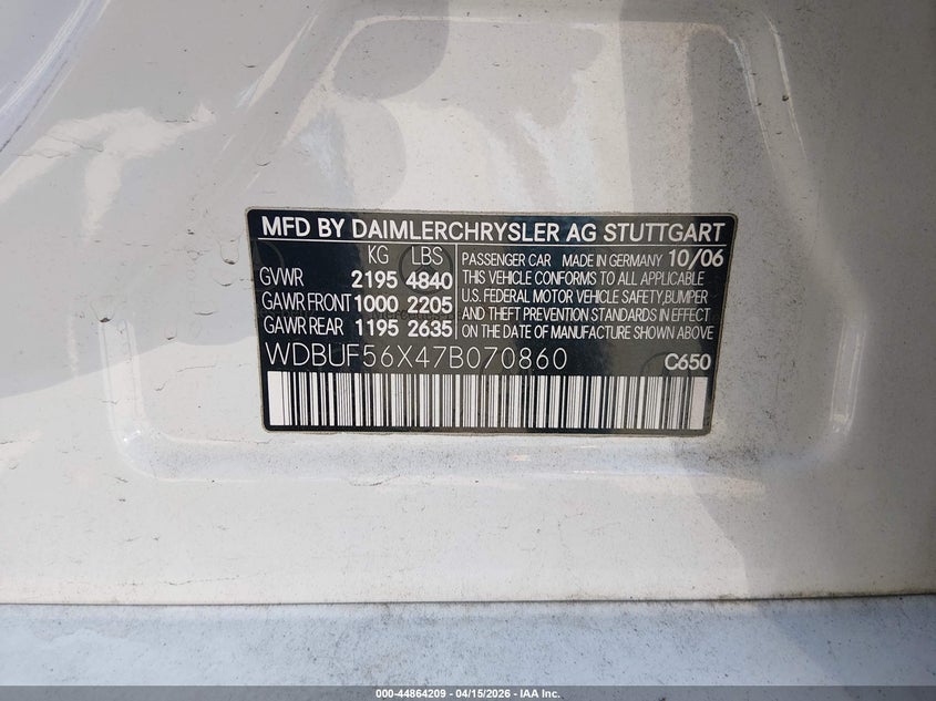 2007 Mercedes-benz E-klasse VIN WDBUF56X47B070860 IAAI salvage auction — LEFT REAR, Salvage (South Carolina), sold $575 on 2026-07-08 (photo 9)