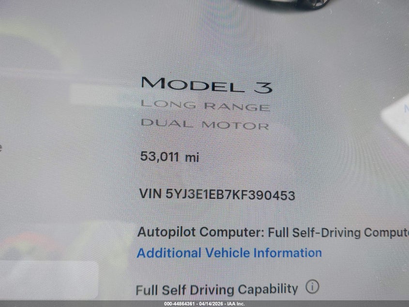 2019 Tesla Model 3 VIN 5YJ3E1EB7KF390453 IAAI salvage auction — SIDE, Wait Title, sold $11,500 on 2026-07-15 (photo 7)