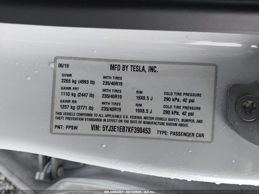 2019 Tesla Model 3 VIN 5YJ3E1EB7KF390453 IAAI salvage auction — SIDE, Wait Title, sold $11,500 on 2026-07-15 (photo 9)