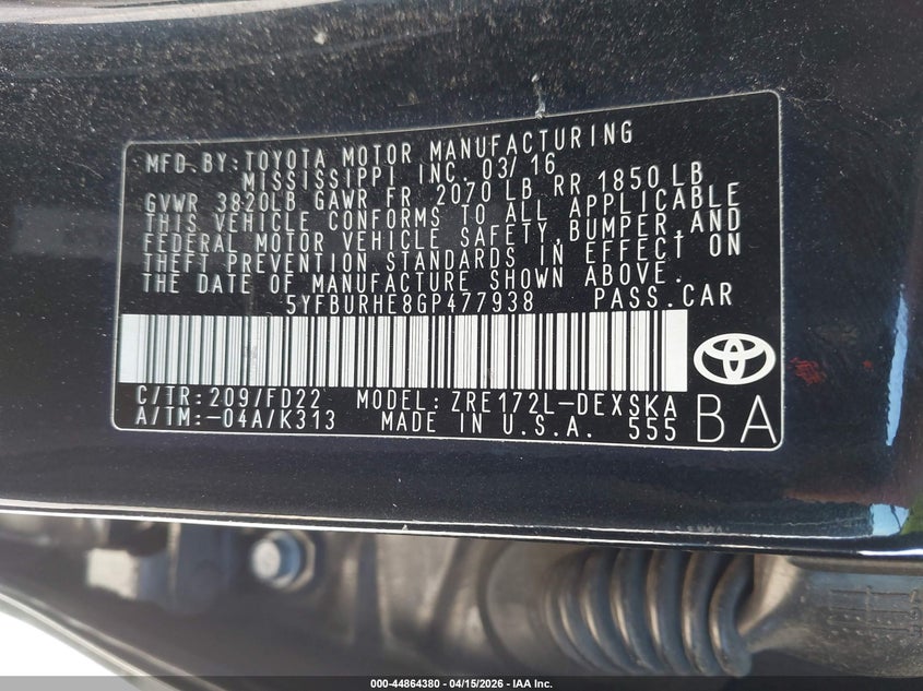 2016 Toyota Corolla VIN 5YFBURHE8GP477938 IAAI salvage auction — FRONT END, Salvage (California), sold $1,075 on 2026-07-22 (photo 9)