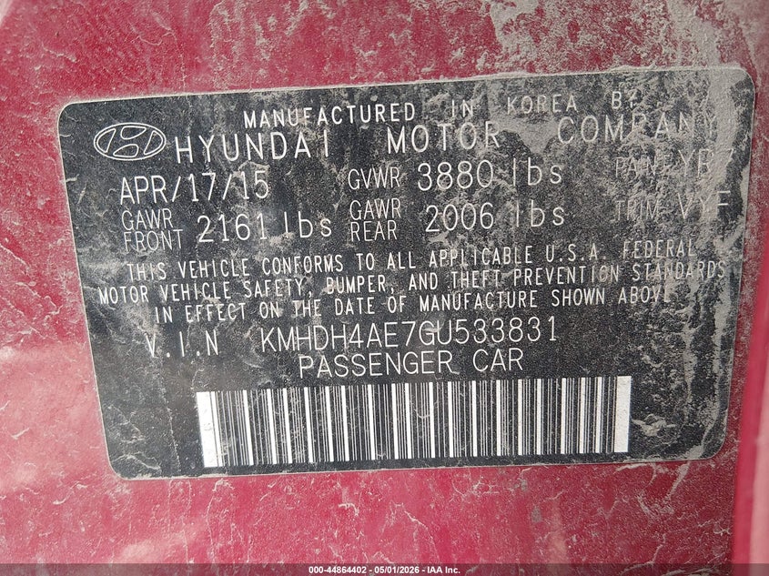 2016 Hyundai Elantra VIN KMHDH4AE7GU533831 IAAI salvage auction — FRONT END, Original (Ohio), sold $550 on 2026-07-15 (photo 9)
