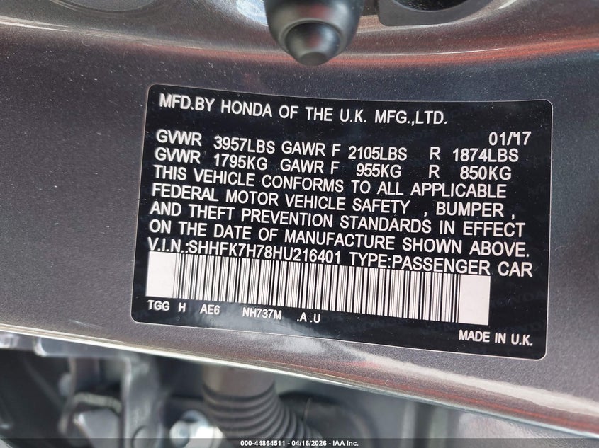 2017 Honda Civic VIN SHHFK7H78HU216401 IAAI salvage auction — RIGHT FRONT, Salvage Title, sold $3,000 on 2026-07-13 (photo 9)