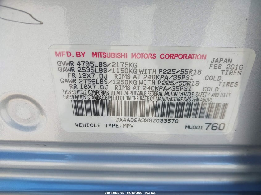 2016 Mitsubishi Outlander VIN JA4AD2A3XGZ033570 IAAI salvage auction — SIDE, Wait Title, sold $2,150 on 2026-07-20 (photo 9)