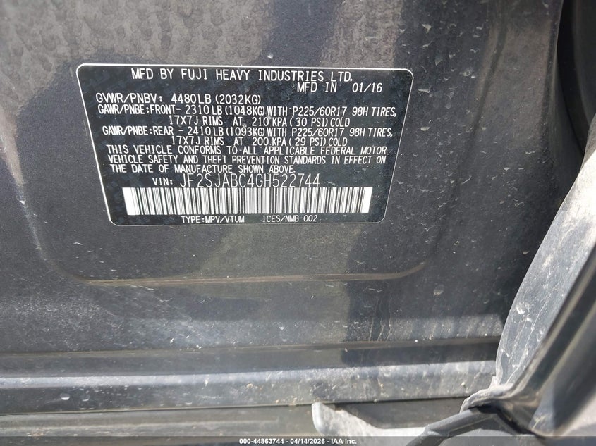 2016 Subaru Forester VIN JF2SJABC4GH522744 IAAI salvage auction — RIGHT SIDE, Salvage (Missouri), sold $625 on 2026-07-09 (photo 9)