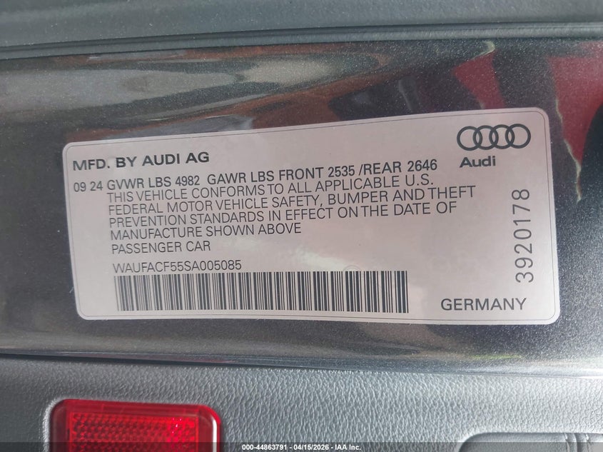 2025 Audi A5 VIN WAUFACF55SA005085 IAAI salvage auction — LEFT SIDE, Wait Title, sold $23,150 on 2026-07-15 (photo 9)