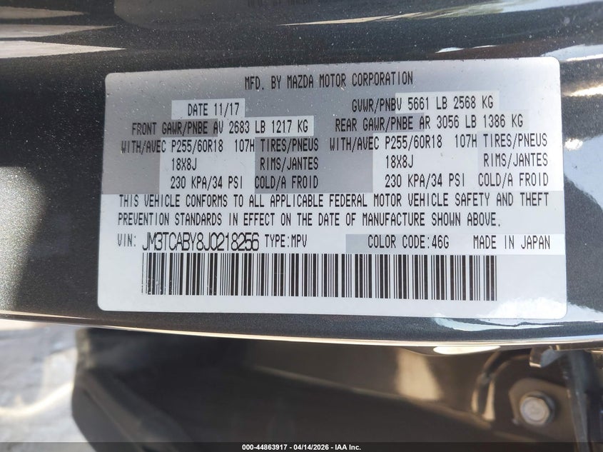 2018 Mazda Cx-9 VIN JM3TCABY8J0218256 IAAI salvage auction — FRONT & REAR, Salvage (Georgia), sold $1,300 on 2026-07-24 (photo 9)