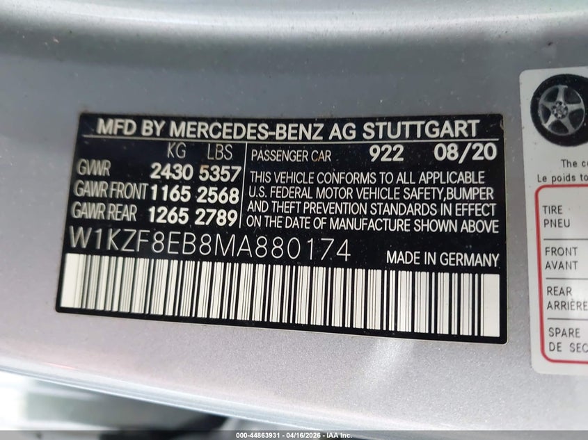 2021 Mercedes-benz E-klasse VIN W1KZF8EB8MA880174 IAAI salvage auction — REAR END, Wait Title, sold $7,800 on 2026-07-22 (photo 9)