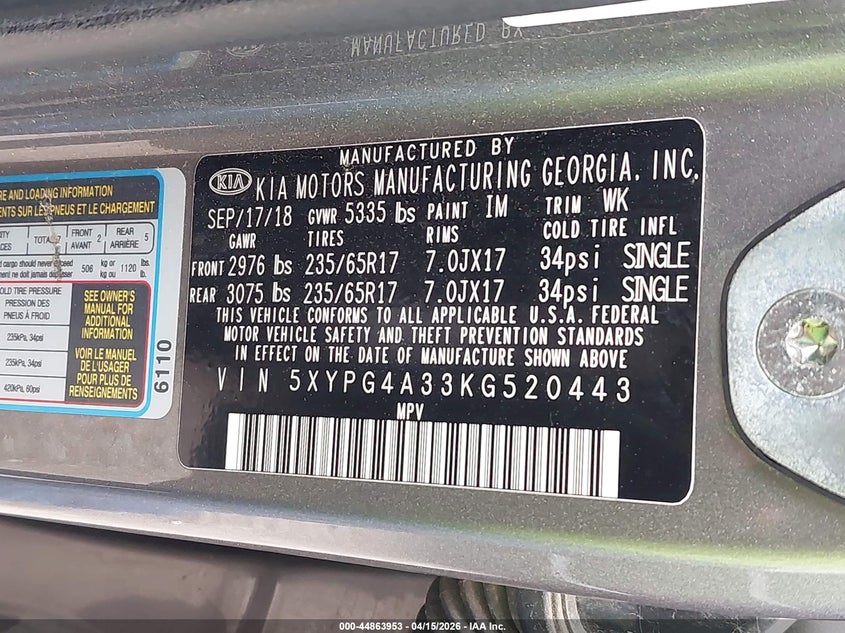 2019 Kia Sorento VIN 5XYPG4A33KG520443 IAAI salvage auction — FRONT END, Wait Title, sold $25 on 2026-07-28 (photo 9)