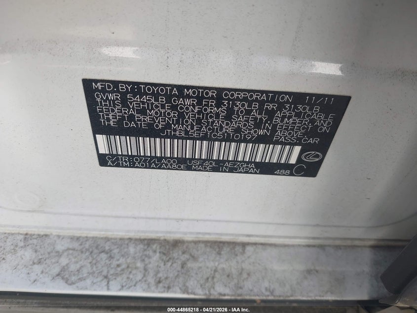 2012 Lexus Ls VIN JTHBL5EF1C5110197 IAAI salvage auction — RIGHT SIDE, Salvage (Georgia), sold $1,600 on 2026-07-21 (photo 9)