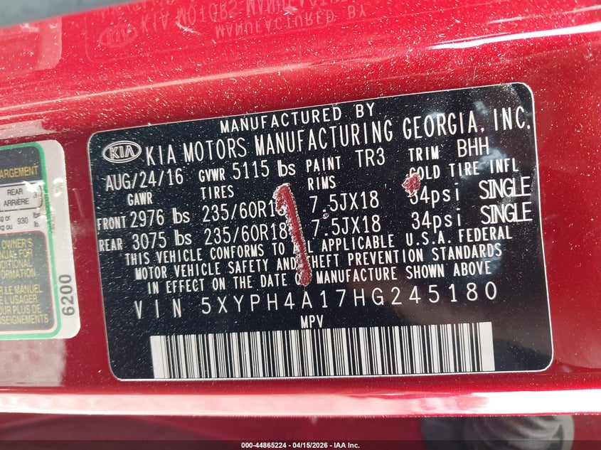 2017 Kia Sorento VIN 5XYPH4A17HG245180 IAAI salvage auction — FRONT END, Wait Title, sold $25 on 2026-07-29 (photo 9)