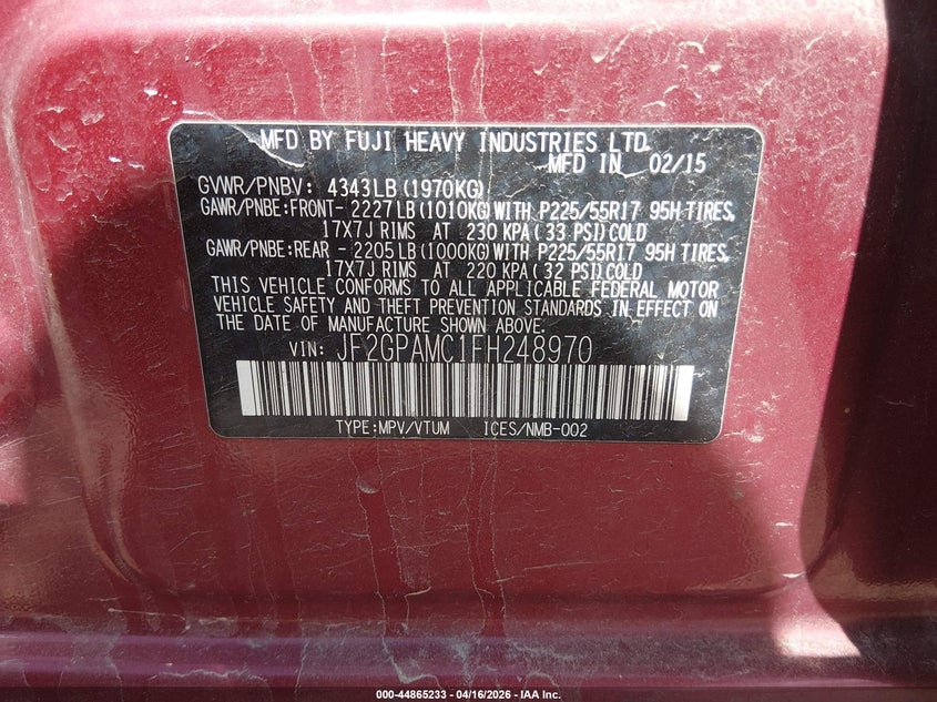 2015 Subaru Xv VIN JF2GPAMC1FH248970 IAAI salvage auction — REAR END, Wait Title, sold $625 on 2026-07-20 (photo 9)