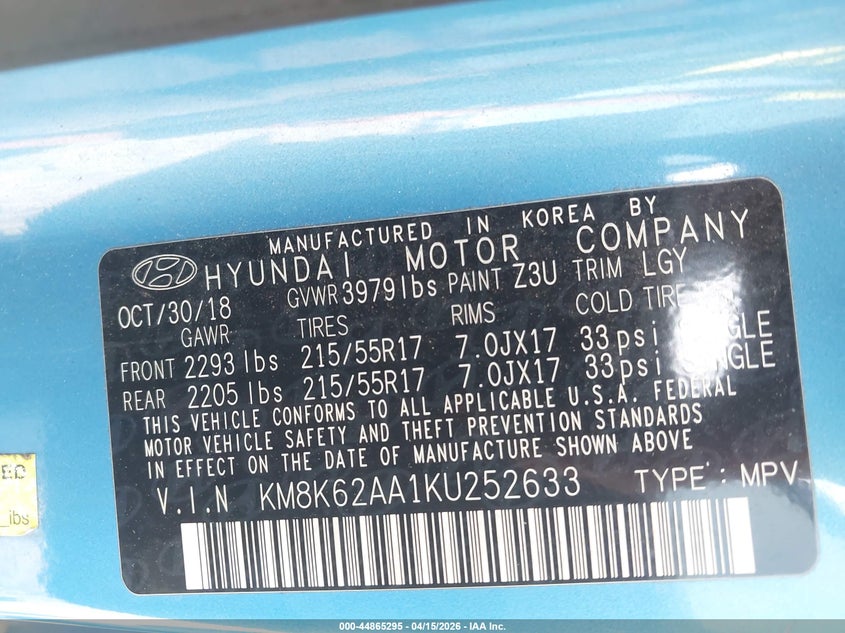 2019 Hyundai Kona VIN KM8K62AA1KU252633 IAAI salvage auction — FRONT END, Wait Title, sold $725 on 2026-07-20 (photo 9)