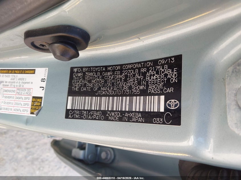 2013 Toyota Prius VIN JTDKN3DU1D1731755 IAAI salvage auction — LEFT REAR, Wait Title, sold $1,250 on 2026-07-23 (photo 9)
