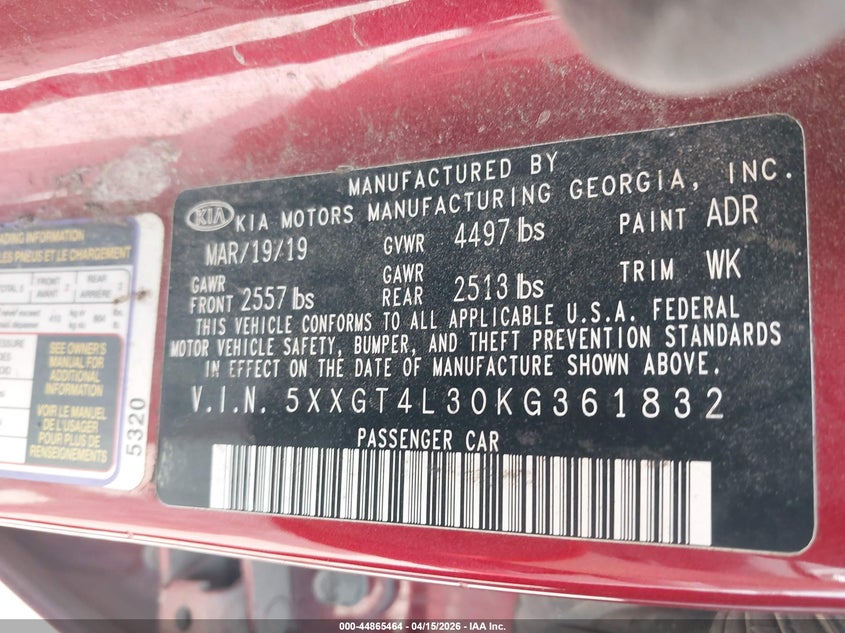 2019 Kia Optima VIN 5XXGT4L30KG361832 IAAI salvage auction — FRONT END, Wait Title, sold $1,100 on 2026-07-29 (photo 9)