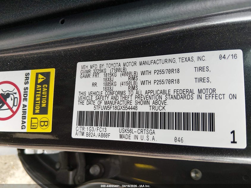 2016 Toyota Tundra VIN 5TFUW5F18GX554448 IAAI salvage auction — REAR END, Non-Repairable (Maryland), sold $3,350 on 2026-07-29 (photo 9)