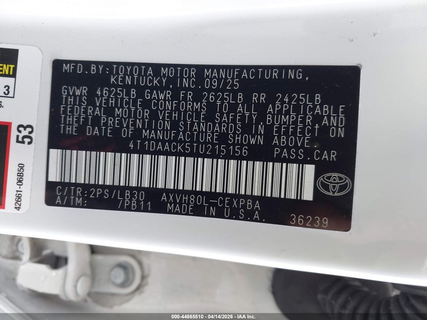 2026 Toyota Camry VIN 4T1DAACK5TU215156 IAAI salvage auction — SIDE, Salvage (California), sold $16,200 on 2026-08-01 (photo 9)