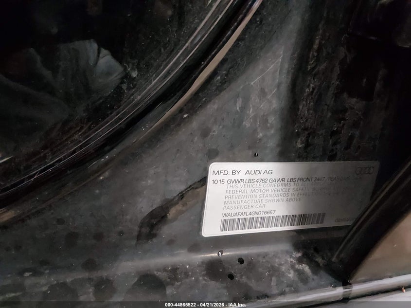 2016 Audi A4 VIN WAUAFAFL4GN016657 IAAI salvage auction — LEFT FRONT, Salvage Title, sold $525 on 2026-07-28 (photo 9)