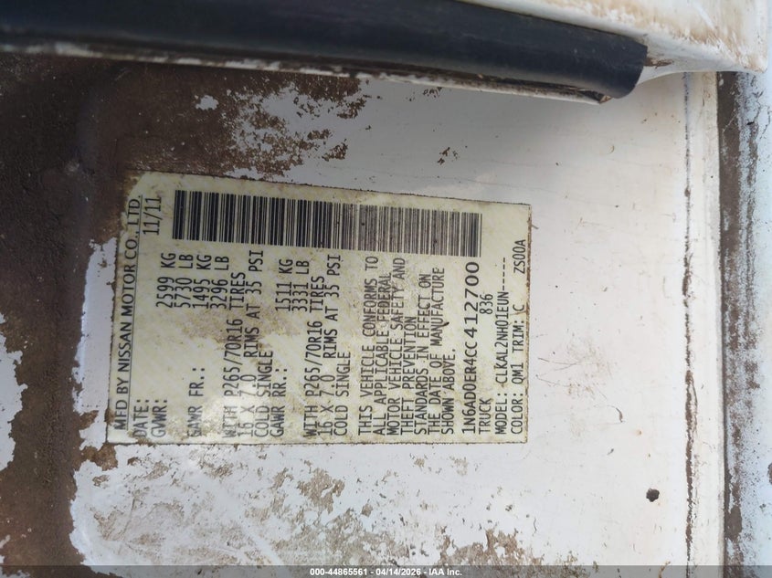 2012 Nissan Navara (frontier) VIN 1N6AD0ER4CC412700 IAAI salvage auction — WATER/FLOOD, Wait Title, sold $0 on 2026-09-15 (photo 9)