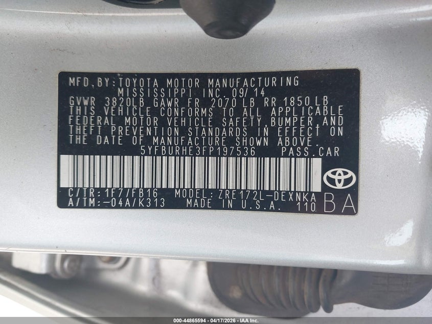 2015 Toyota Corolla VIN 5YFBURHE3FP197536 IAAI salvage auction — REAR END, Salvage (Hawaii), sold $450 on 2026-07-14 (photo 9)