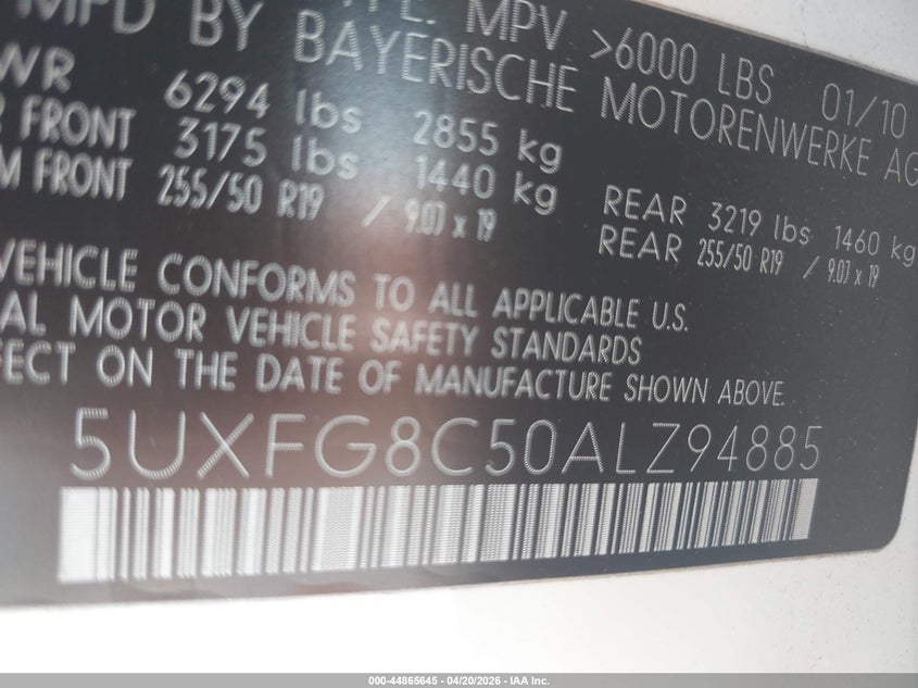 2010 BMW X6 VIN 5UXFG8C50ALZ94885 IAAI salvage auction — LEFT FRONT, Salvage (California), sold $3,725 on 2026-07-20 (photo 9)