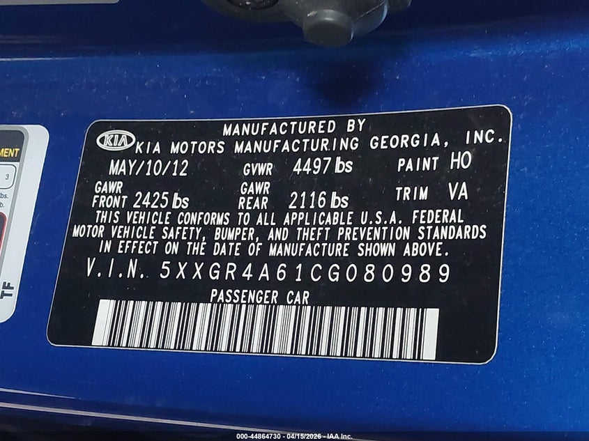 2012 Kia Optima VIN 5XXGR4A61CG080989 IAAI salvage auction — FRONT END, Wait Title, sold $450 on 2026-07-29 (photo 9)