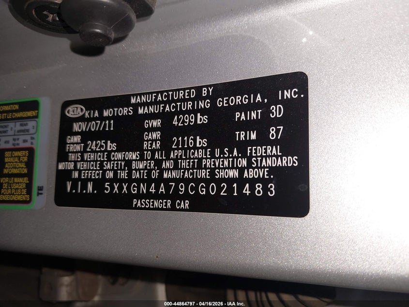2012 Kia Optima VIN 5XXGN4A79CG021483 IAAI salvage auction — FRONT END, Wait Title, sold $700 on 2026-07-14 (photo 9)