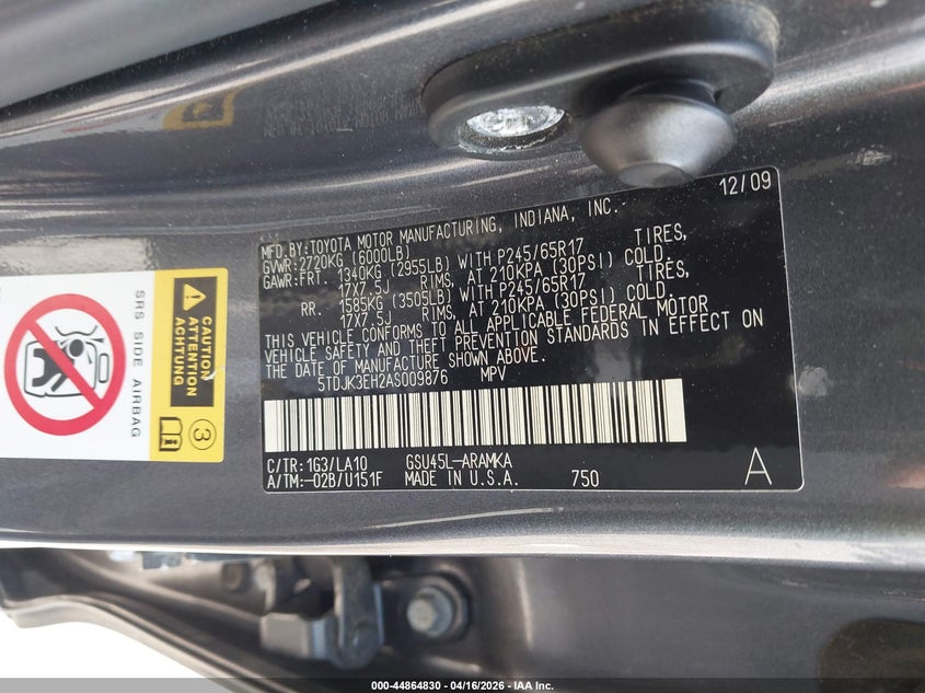 2010 Toyota Highlander VIN 5TDJK3EH2AS009876 IAAI salvage auction — LEFT FRONT, Original (Texas), sold $3,050 on 2026-07-15 (photo 9)