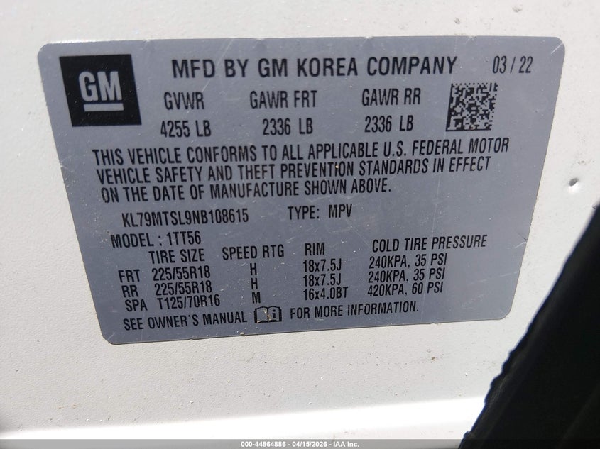 2022 Chevrolet Trailblazer VIN KL79MTSL9NB108615 IAAI salvage auction — FRONT END, Wait Title, sold $3,550 on 2026-07-07 (photo 9)