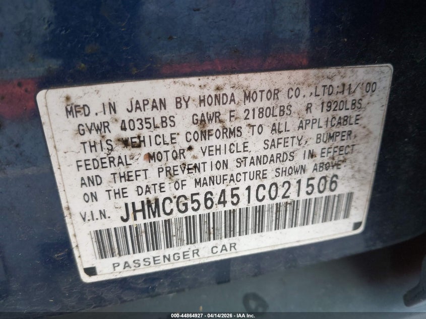 2001 Honda Accord VIN JHMCG56451C021506 IAAI salvage auction — RIGHT SIDE, Salvage (Oregon), sold $300 on 2026-07-09 (photo 9)