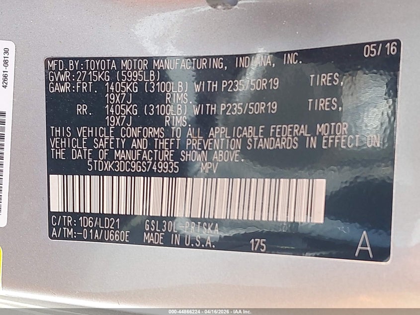 2016 Toyota Sienna VIN 5TDXK3DC9GS749935 IAAI salvage auction — RIGHT REAR, Clear (Kansas), sold $3,400 on 2026-07-15 (photo 9)