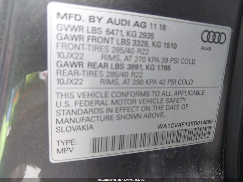 2019 Audi Q8 VIN WA1CVAF13KD014999 IAAI salvage auction — FRONT END, Wait Title, sold $8,800 on 2026-08-01 (photo 9)