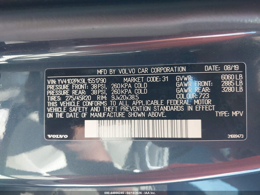 2020 Volvo Xc90 VIN YV4102PK9L1551790 IAAI salvage auction — FRONT END, Wait Title, sold $10,400 on 2026-07-31 (photo 9)