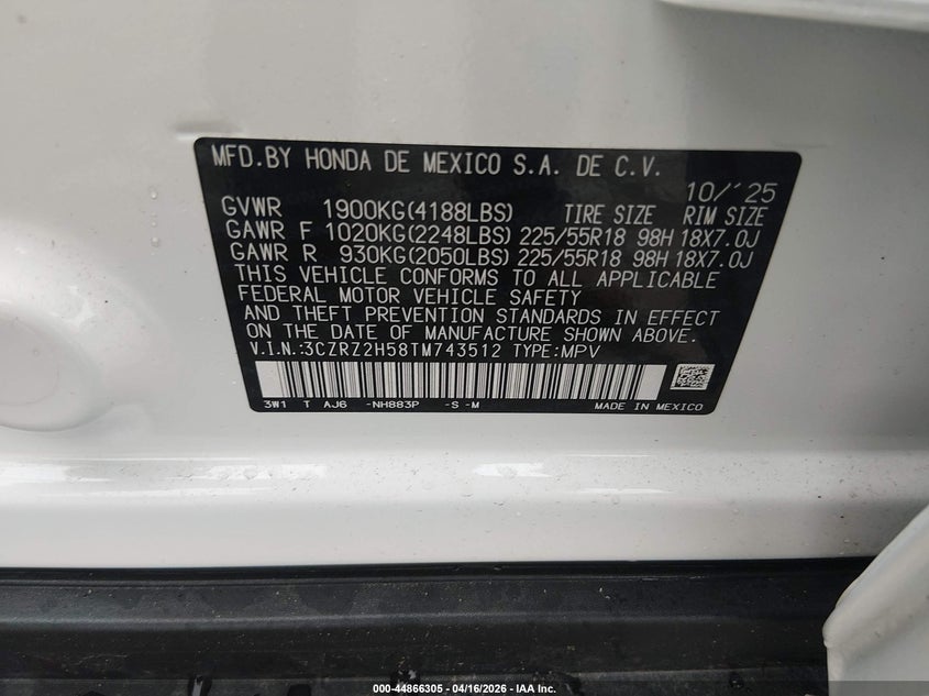 2026 Honda Hr-v VIN 3CZRZ2H58TM743512 IAAI salvage auction — FRONT END, Wait Title, sold $8,000 on 2026-07-29 (photo 9)