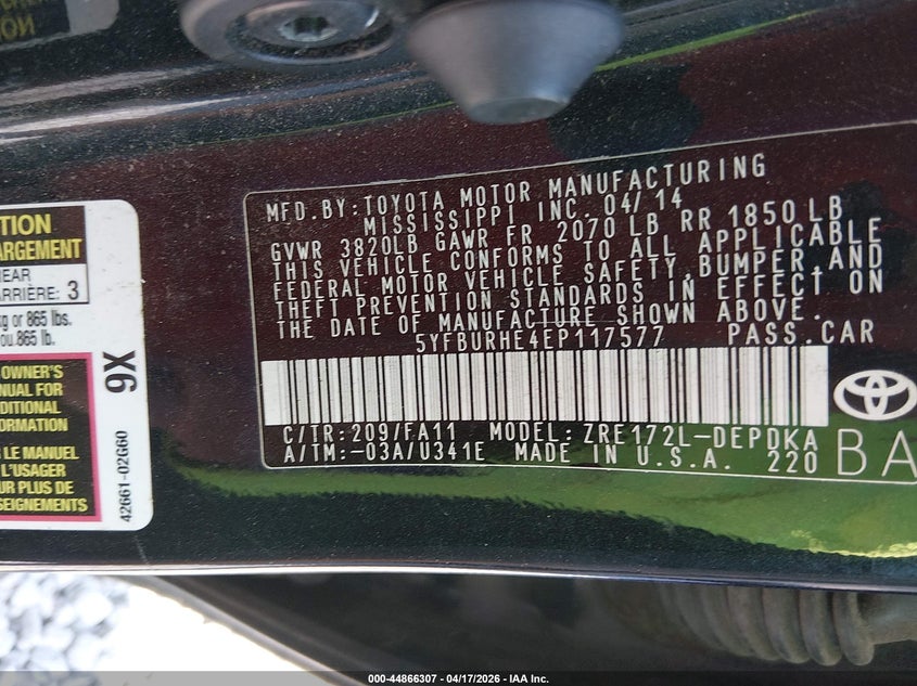 2014 Toyota Corolla VIN 5YFBURHE4EP117577 IAAI salvage auction — FRONT END, Salvage Title, sold $1,400 on 2026-07-09 (photo 9)