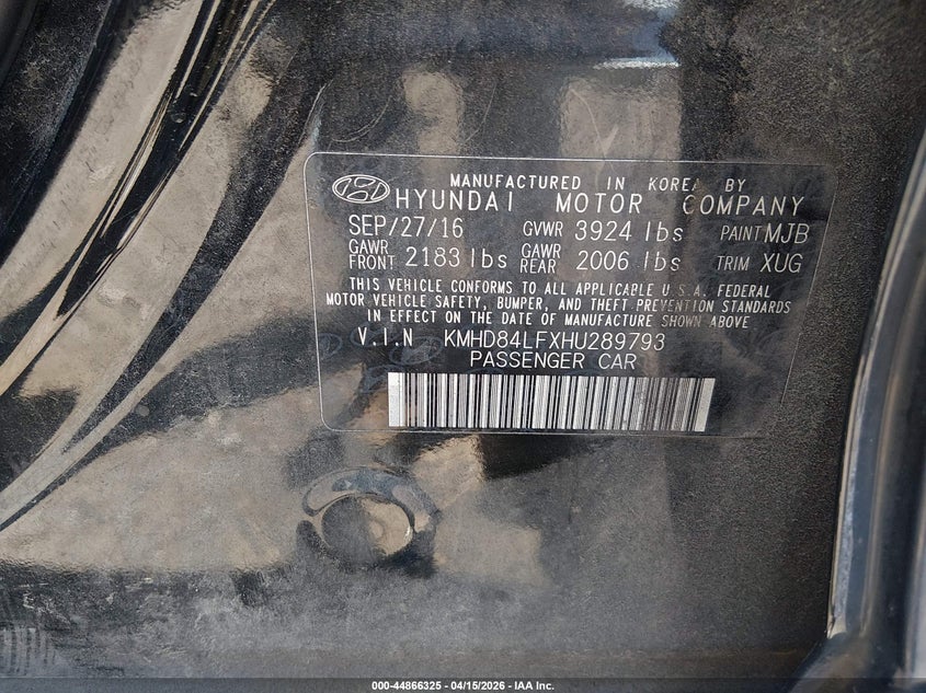 2017 Hyundai Elantra VIN KMHD84LFXHU289793 IAAI salvage auction — FRONT END, Wait Title, sold $525 on 2026-07-29 (photo 9)