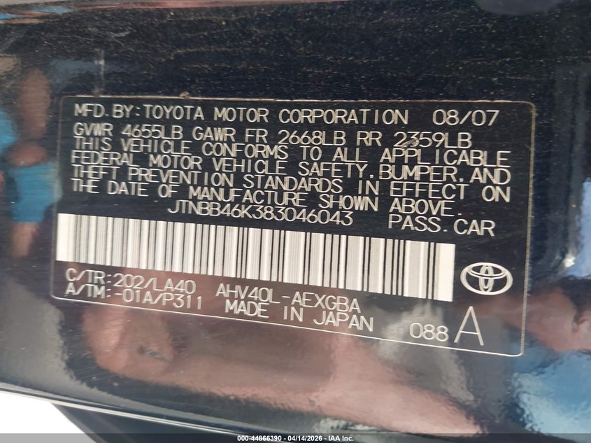 2008 Toyota Camry VIN JTNBB46K383046043 IAAI salvage auction — FRONT END, Salvage - Greater Than 75% (Maryland), sold $225 on 2026-07-20 (photo 9)