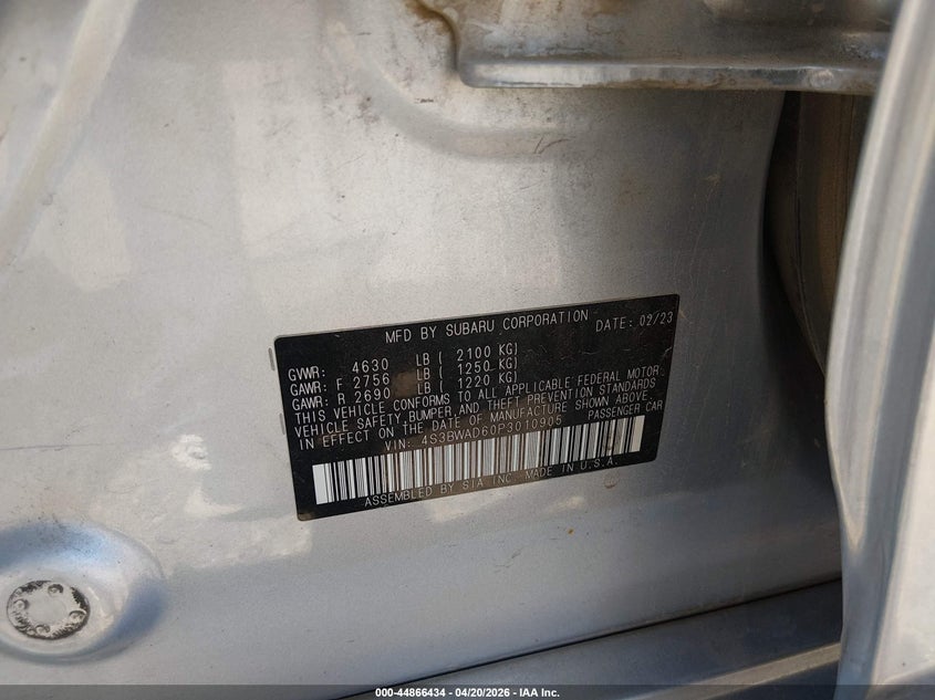 2023 Subaru LEGACY VIN 4S3BWAD60P3010905 IAAI salvage auction — HAIL, Clear (Kansas), sold $9,950 on 2026-08-07 (photo 9)