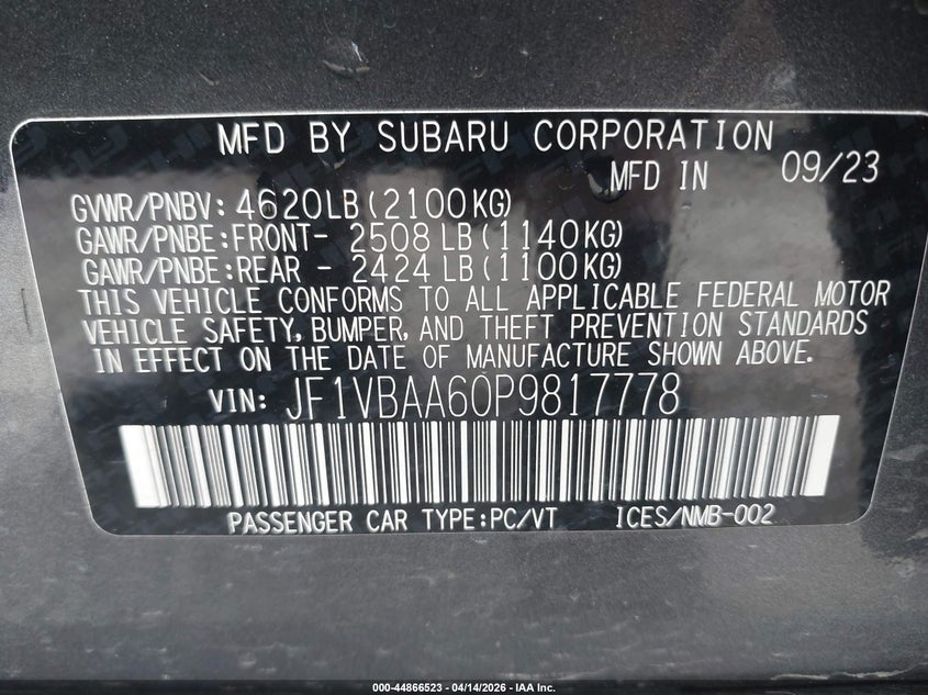 2023 Subaru Wrx VIN JF1VBAA60P9817778 IAAI salvage auction — ROLLOVER, Salvage (West Virginia), sold $3,150 on 2026-07-21 (photo 9)