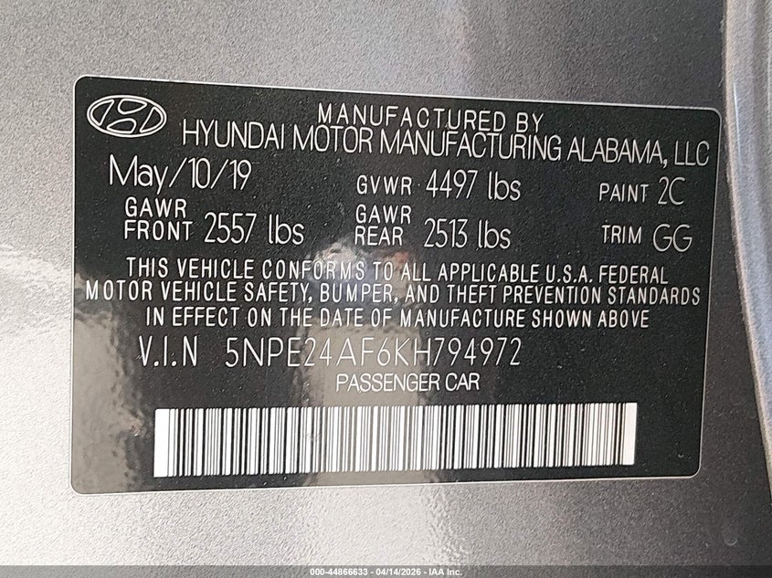 2019 Hyundai Sonata VIN 5NPE24AF6KH794972 IAAI salvage auction — FRONT END, Salvage (Nevada), sold $1,800 on 2026-07-24 (photo 9)