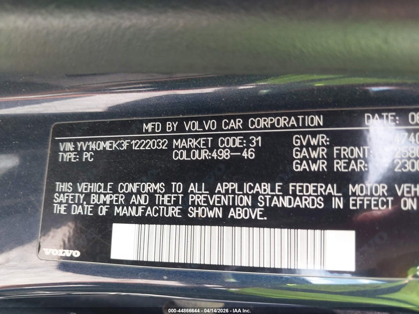 2015 Volvo V60 VIN YV140MEK3F1222032 IAAI salvage auction — REAR END, Wait Title, sold $1,000 on 2026-08-07 (photo 9)