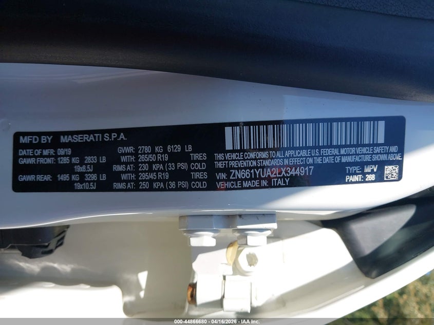 2020 Maserati Levante VIN ZN661YUA2LX344917 IAAI salvage auction — FRONT END, Wait Title, sold $6,300 on 2026-07-11 (photo 9)