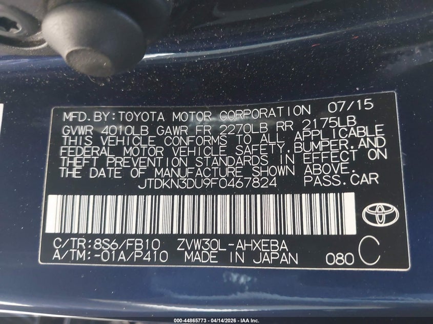 2015 Toyota Prius VIN JTDKN3DU9F0467824 IAAI salvage auction — FRONT & REAR, Wait Title, sold $2,600 on 2026-08-02 (photo 9)