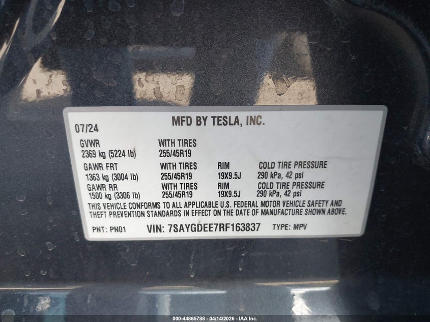2024 Tesla Model y VIN 7SAYGDEE7RF163837 IAAI salvage auction — LEFT REAR, Wait Title, sold $10,925 on 2026-07-07 (photo 9)
