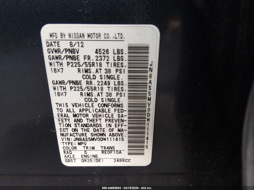 2013 Nissan Rogue VIN JN8AS5MV0DW111415 IAAI salvage auction — FRONT END, Salvage (Massachusetts), sold $425 on 2026-07-24 (photo 9)