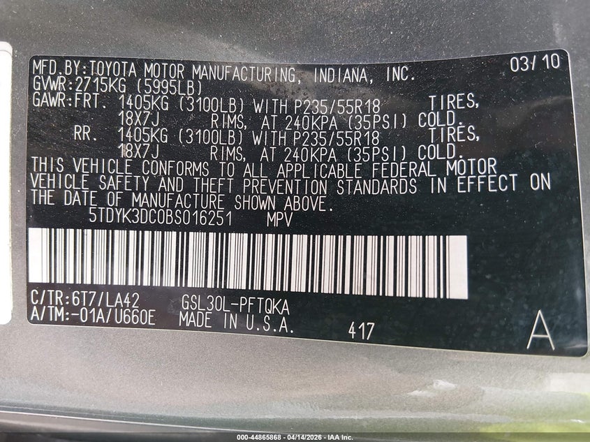 2011 Toyota Sienna VIN 5TDYK3DC0BS016251 IAAI salvage auction — FRONT END, Salvage (Oklahoma), sold $1,000 on 2026-07-28 (photo 9)