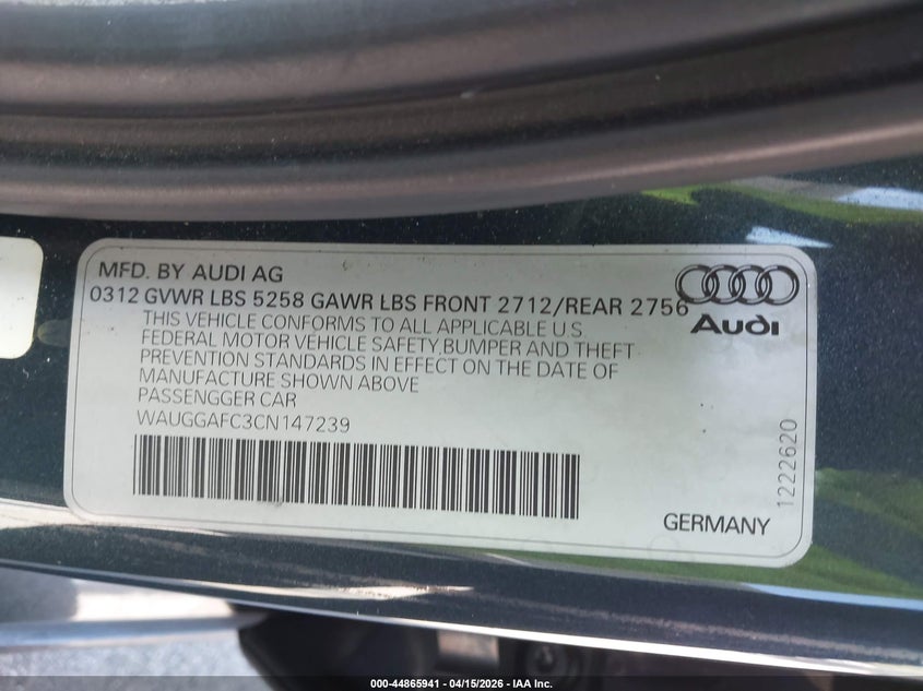 2012 Audi A6 VIN WAUGGAFC3CN147239 IAAI salvage auction — FRONT END, Rebuildable (Florida), sold $1,350 on 2026-07-11 (photo 9)