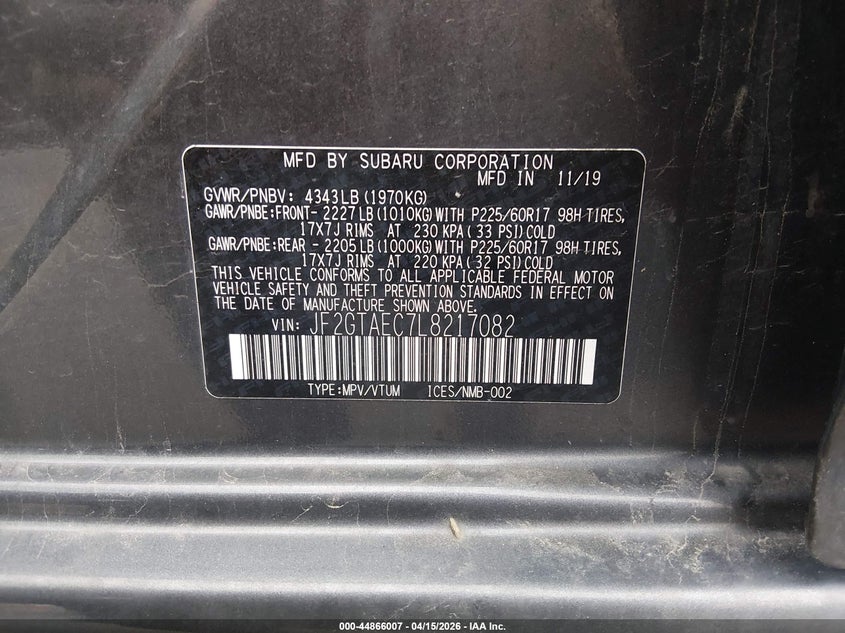 2020 Subaru Xv VIN JF2GTAEC7L8217082 IAAI salvage auction — FRONT END, Salvage (Missouri), sold $3,700 on 2026-07-16 (photo 9)