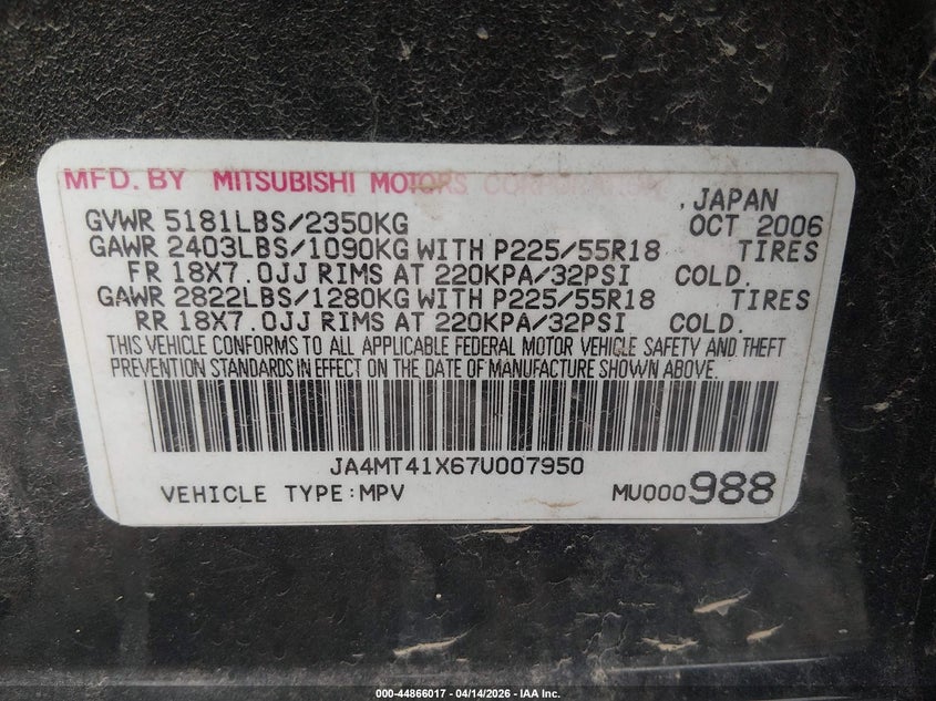 2007 Mitsubishi Outlander VIN JA4MT41X67U007950 IAAI salvage auction — FRONT END, Salvage (Kentucky), sold $275 on 2026-07-28 (photo 9)